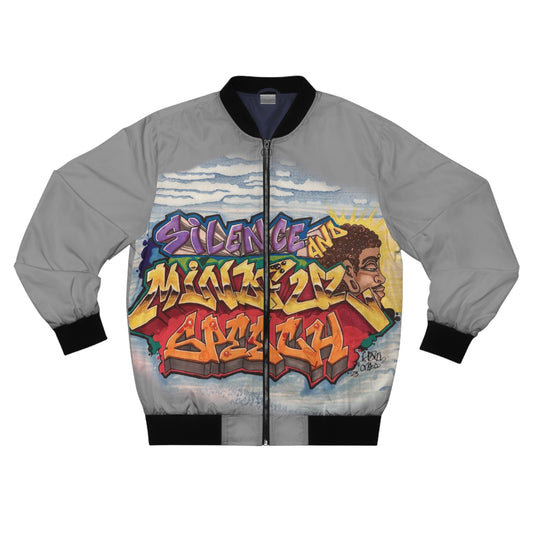Men's Bomber Jacket Street Art Inspired  'Silence And Mindful Speech"